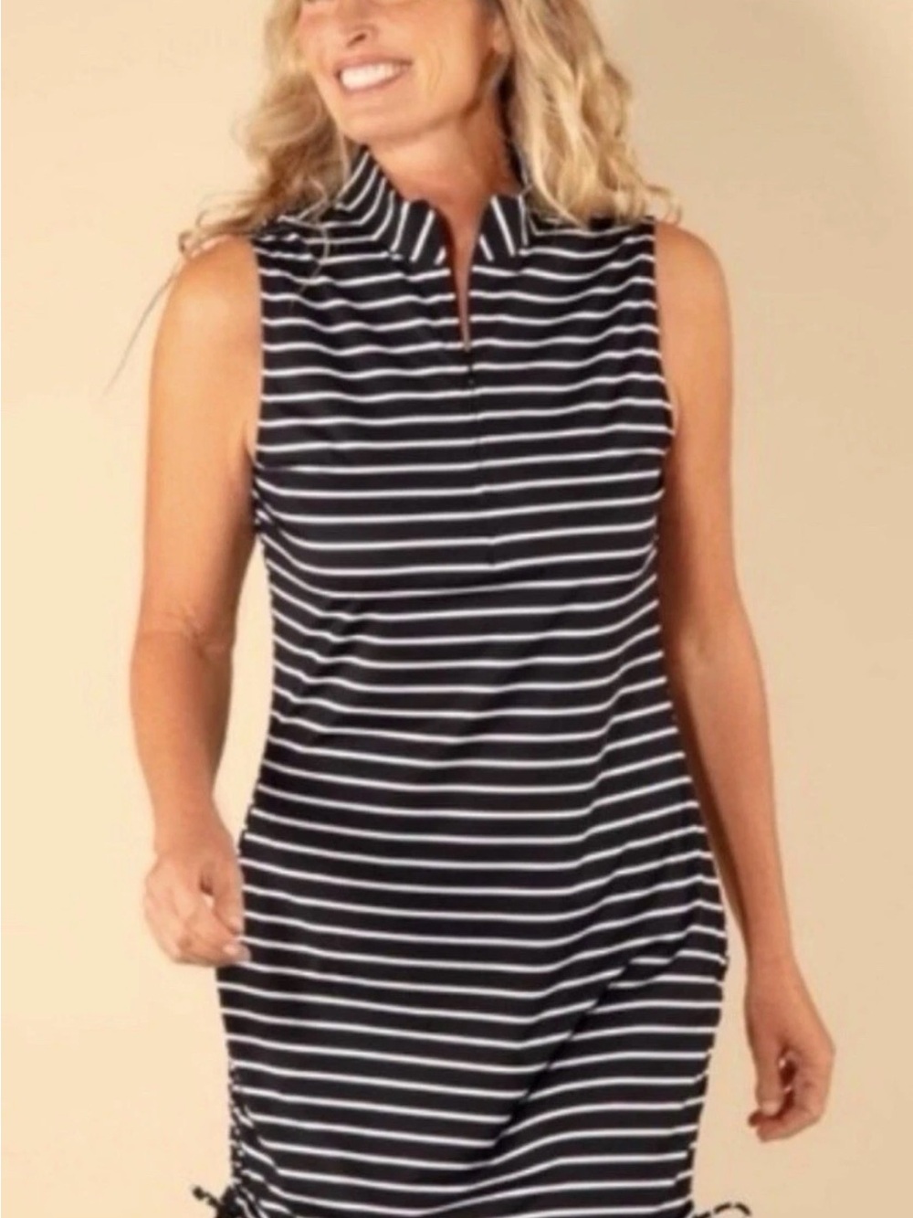 NWT! Lands' End Women's XL Black/White Striped Shift Dress Mock Neck 1/4 Zip